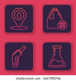 Set line Refill petrol fuel location, Gasoline pump nozzle, Antifreeze canister and Test tube and flask. Blue square button. Vector