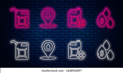 Set line Refill petrol fuel location, Antifreeze canister, Canister for gasoline and Oil drop with dollar symbol. Glowing neon icon on brick wall. Vector