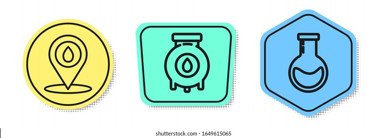 Set line Refill petrol fuel location, Oil and gas industrial factory building and Test tube and flask. Colored shapes. Vector