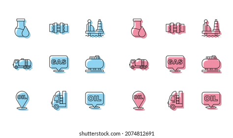 Set line Refill petrol fuel location, Gas tank for vehicle, Oil test tube, Word oil, Location and gas station, storage, Tanker truck and Metallic pipes valve icon. Vector