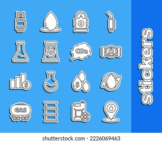 Set line Refill petrol fuel location, Industry metallic pipes and valve, Petrol or Gas station, gas industrial factory building, Test tube flask, Propane tank and CO2 emissions cloud icon. Vector