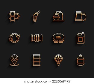 Set line Refill petrol fuel location, Motor gas gauge, Propane tank, Industry metallic pipes and valve, Canister gasoline and Oil railway cistern icon. Vector