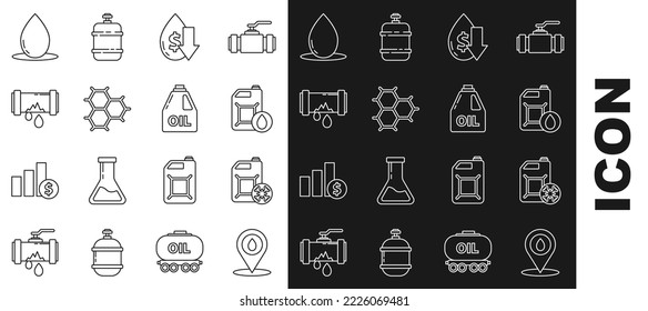 Fijar la línea Rellenar la ubicación del combustible de gasolina, Cañón para aceite de máquinas motoras, Bajar el precio crudo, Fórmula química compuesta de anillos de benceno, Tubo de metal roto con agua filtrante, Despegue de aceite e icono. Vector