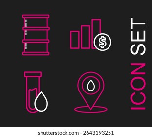 Definir a linha Reabastecer a localização do combustível de gasolina, tubo de teste de óleo, gráfico de pizza infográfico e dólar e ícone de óleo de barril. Vetor