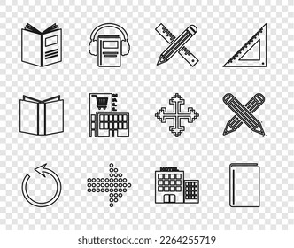 Set line Refresh, Book, Crossed ruler and pencil, Dots arrow, Open book, Mall or supermarket building, Hotel and  icon. Vector