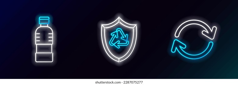 Set line Refresh, Bottle of water and Recycle symbol inside shield icon. Glowing neon. Vector