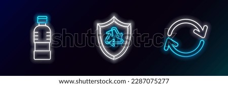 Set line Refresh, Bottle of water and Recycle symbol inside shield icon. Glowing neon. Vector