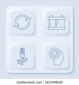 Set line Refresh, Car battery, Light bulb with leaf and Human head with gear inside. White square button. Vector