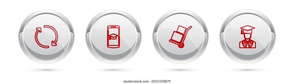 Set linha Atualizar, Boné de graduação no celular, Caminhão de mão e caixas e Graduação com graduação. Botão círculo prateado. Vetor