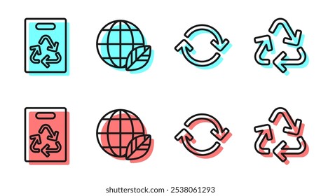 Set line Refresh, Paper bag with recycle, Earth globe and leaf and Recycle symbol icon. Vector