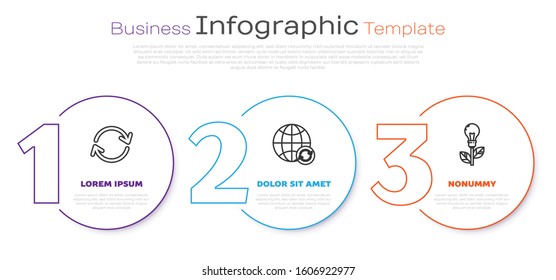 Set line Refresh, Planet earth and a recycling and Light bulb with leaf. Business infographic template. Vector
