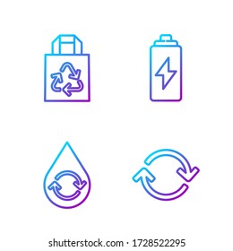 Set line Refresh, Recycle clean aqua, Paper bag with recycle and Battery. Gradient color icons. Vector