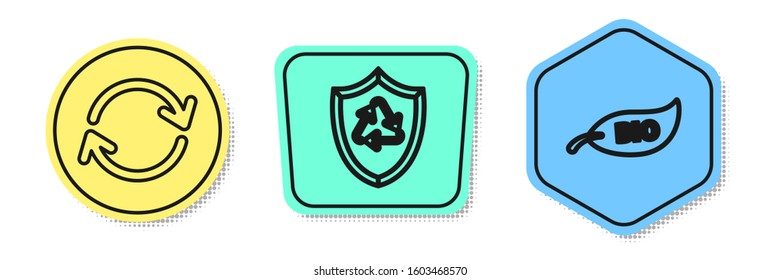 Set line Refresh, Recycle symbol inside shield and Leaf Bio symbol. Colored shapes. Vector