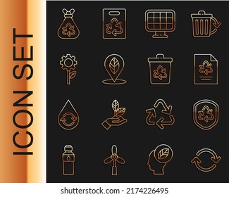 Set-Linie Neu, Recycling-Symbol in Schild, Papier mit Recycling, Solarenergieplatte, Standortblatt, Leaf-Anlagengetriebe, Müllbeutel und Mülleimer-Icon. Vektorgrafik