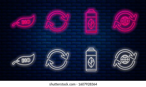 Set line Refresh, Recycling plastic bottle, Leaf Bio symbol and Planet earth and a recycling. Glowing neon icon on brick wall. Vector