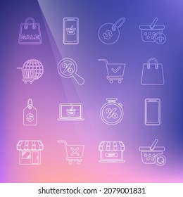 Set line Refresh shopping basket, Smartphone, mobile phone, Handbag, Price tag with dollar, Magnifying glass percent, Shopping cart globe, Sale and check mark icon. Vector