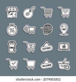 Set line Refresh shopping basket, Shopping on laptop, Location cart, Stopwatch and percent, Market store and with globe icon. Vector