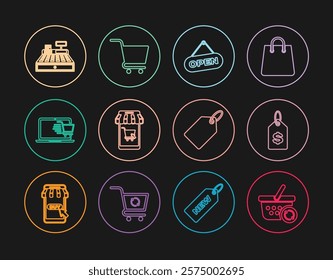 Set line Refresh shopping basket, Price tag with dollar, Hanging sign Open door, Mobile and cart, Shopping on laptop, Cash register machine, Label template price and  icon. Vector