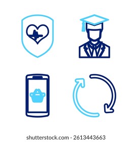 Set line Refresh, Shopping basket on mobile, Graduate with graduation cap and Shield and heart rate icon. Vector