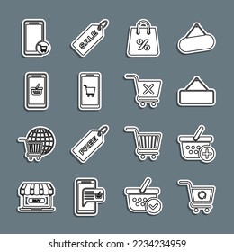 Set line Refresh shopping cart, Add to Shopping basket, Signboard hanging, bag with percent, Mobile and,  and Remove icon. Vector