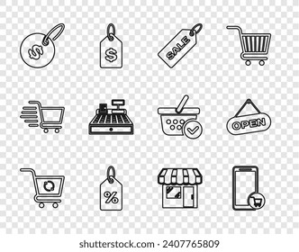 Set-line-Einkaufswagen aktualisieren, Mobile und, Preis-Tag mit Verkauf, Rabatt Prozent, Dollar, Bargeld-Registerautomat, Market-Store und Hanging-Schild Open door-Symbol. Vektorgrafik