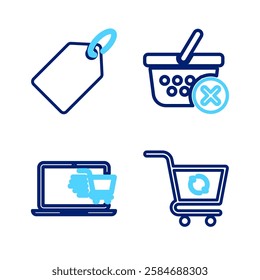 Set line Refresh shopping cart, Shopping on laptop, Remove basket and Label template price tag icon. Vector