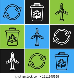 Set line Refresh, Wind turbine and Recycle bin with recycle symbol icon. Vector