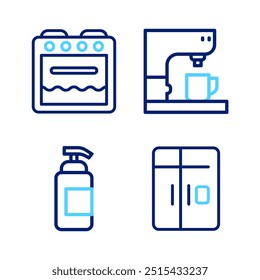 Set line Refrigerator, Antibacterial soap, Coffee machine and Oven icon. Vector