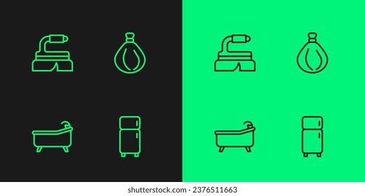 Set line Refrigerator, Bathtub, Brush for cleaning and Garbage bag icon. Vector