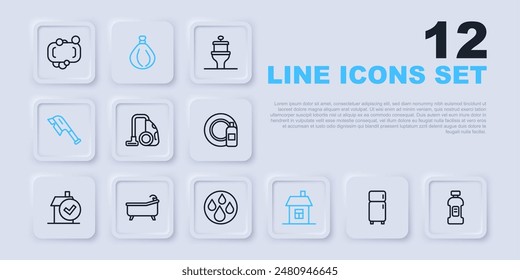 Set line Refrigerator, Bottle for detergent, Vacuum cleaner, House, Brush cleaning, Bathtub, Garbage bag and Water drop icon. Vector