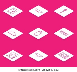 Set line Refrigerator, Bowl, Honey dipper stick, Covered with tray of food, Salt and pepper, Electronic scales, Electric mixer and Sauce boat icon. Vector
