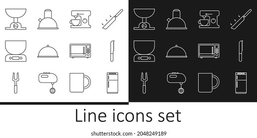 Set line Refrigerator, Bread knife, Electric mixer, Covered with tray, Electronic scales, Microwave oven and Kettle handle icon. Vector