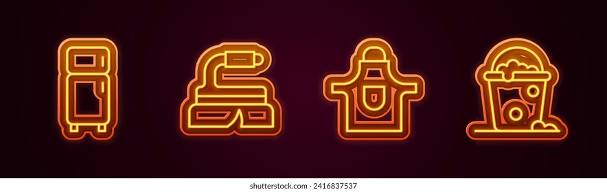 Set line Refrigerator, Brush for cleaning, Kitchen apron and Bucket with foam and bubbles. Glowing neon icon. Vector