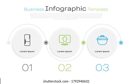 Fija la línea Refrigerador, sombrero de chef con ubicación y olla de cocina. Plantilla de infografía de negocios. Vector