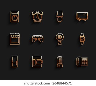 Set line Refrigerator, Coffee machine with glass pot, Remote control, Blender, Telephone, Gamepad, Smart watch showing heart beat rate and Web camera icon. Vector