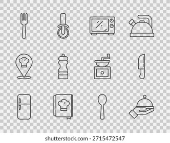 Refrigerador de línea, cubierto con bandeja, horno de microondas, libro de cocina, tenedor, pimienta, cuchara y cuchillo icono. Vector