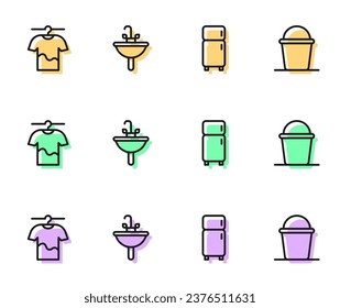 Set line Refrigerator, Drying clothes, Washbasin and Bucket icon. Vector