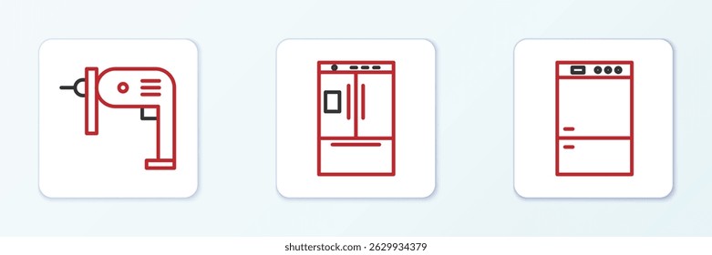 Set line Refrigerator, Electric drill machine and  icon. Vector