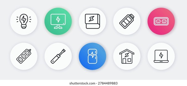 Set line Refrigerator, Electrical outlet, extension, Smart home, Battery charge, Book about electricity, Laptop and Screwdriver icon. Vector