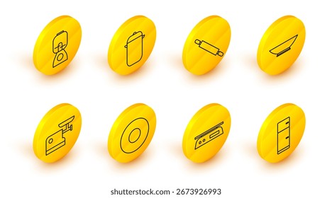 Set line Refrigerator, Electronic scales, Plate, Kitchen meat grinder, Bowl, Rolling pin, Cooking pot and Blender icon. Vector