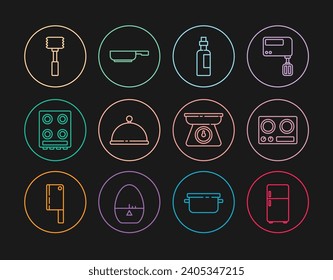 Set line Refrigerator, Gas stove, Bottle of olive oil, Covered with tray, Kitchen hammer, Scales and Frying pan icon. Vector