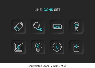 Set line Refrigerator, Gear and lightning, Creative lamp idea, No, Electrical outlet, Global energy planet with plug and Battery charge icon. Vector