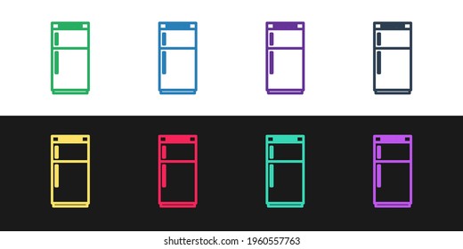 Set line Refrigerator icon isolated on black and white background. Fridge freezer refrigerator. Household tech and appliances. Vector Illustration