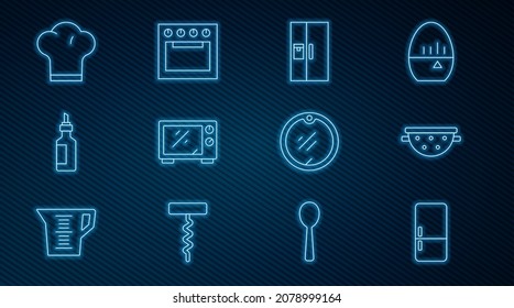 Set line Refrigerator, Kitchen colander, Microwave oven, Bottle of olive oil, Chef hat, Cutting board and Oven icon. Vector
