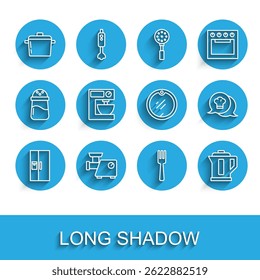 Set line Refrigerator, Kitchen meat grinder, Cooking pot, Fork, Electric kettle, mixer, Chef hat speech bubble and Cutting board icon. Vector