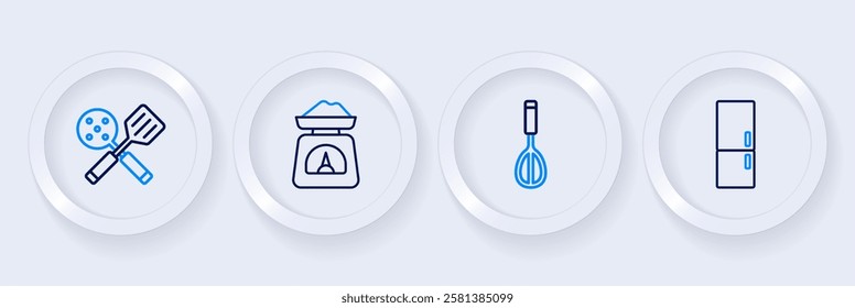 Set line Refrigerator, Kitchen whisk, Scales and Spatula icon. Vector