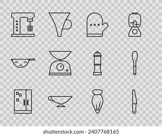 Set line Refrigerator, Knife, Oven glove, Sauce boat, Electric mixer, Scales, Pastry bag for decorate cakes and Spoon icon. Vector