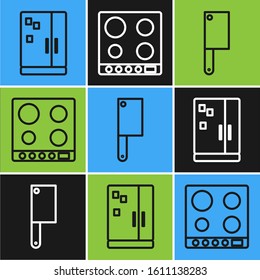 Set line Refrigerator, Meat chopper and Gas stove icon. Vector