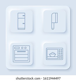 Set line Refrigerator, Meat chopper, Oven and Microwave oven. White square button. Vector