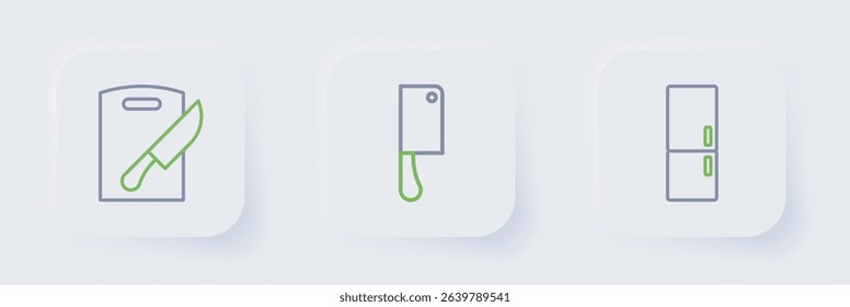 Set line Refrigerator, Meat chopper and Cutting board and knife icon. Vector